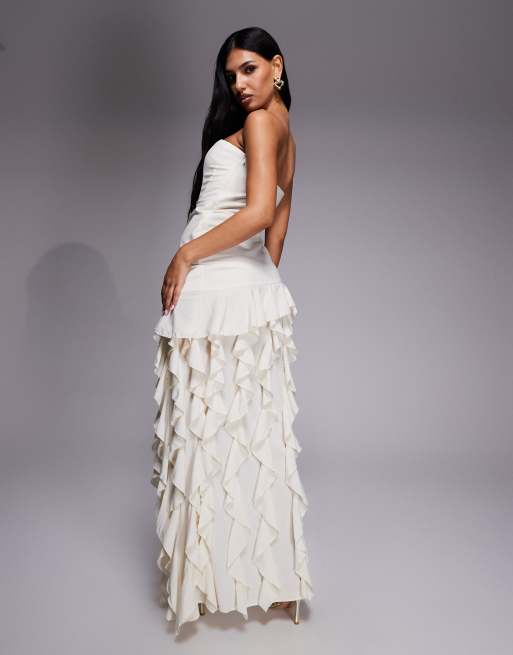 Oh Polly Diletta ruffle trim strapless maxi dress in Ivory | ASOS