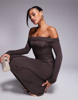 Oh Polly Dilnaz bardot jersey jumpsuit in chocolate brown