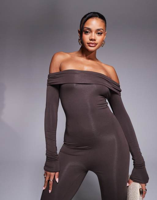 Oh Polly Dilnaz bardot jersey jumpsuit in chocolate brown, 3 of 4