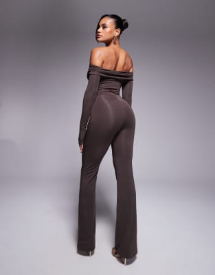 Oh Polly Dilnaz bardot jersey jumpsuit in chocolate brown