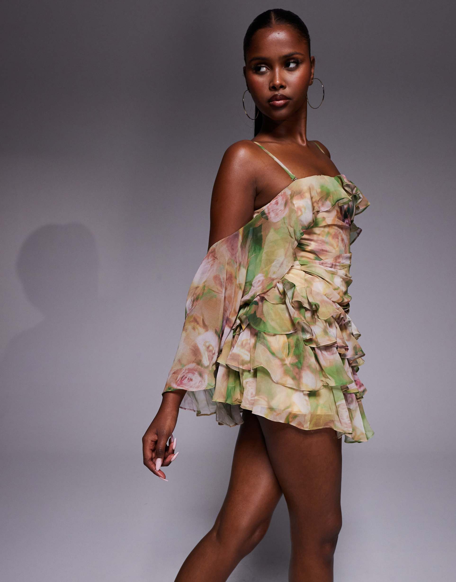 oh polly drape ruffle mini dress in floral print