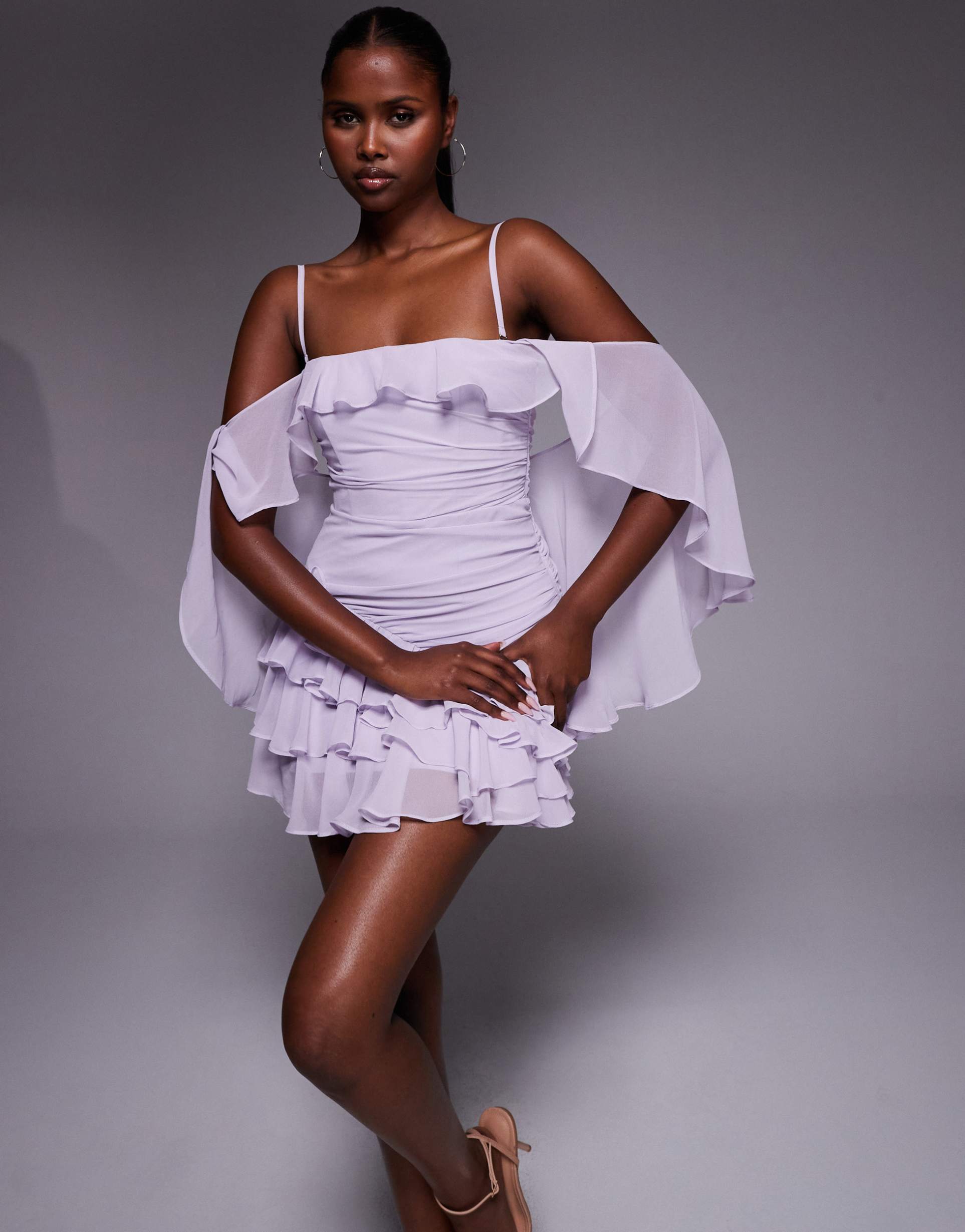 oh polly drape ruffle mini dress in lilac