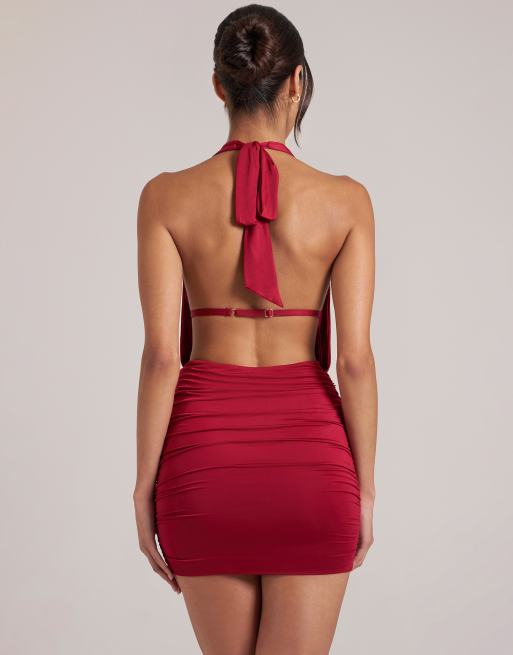 Oh Polly draped cowl halter neck ruched skirt mini dress in red, 4 of 4