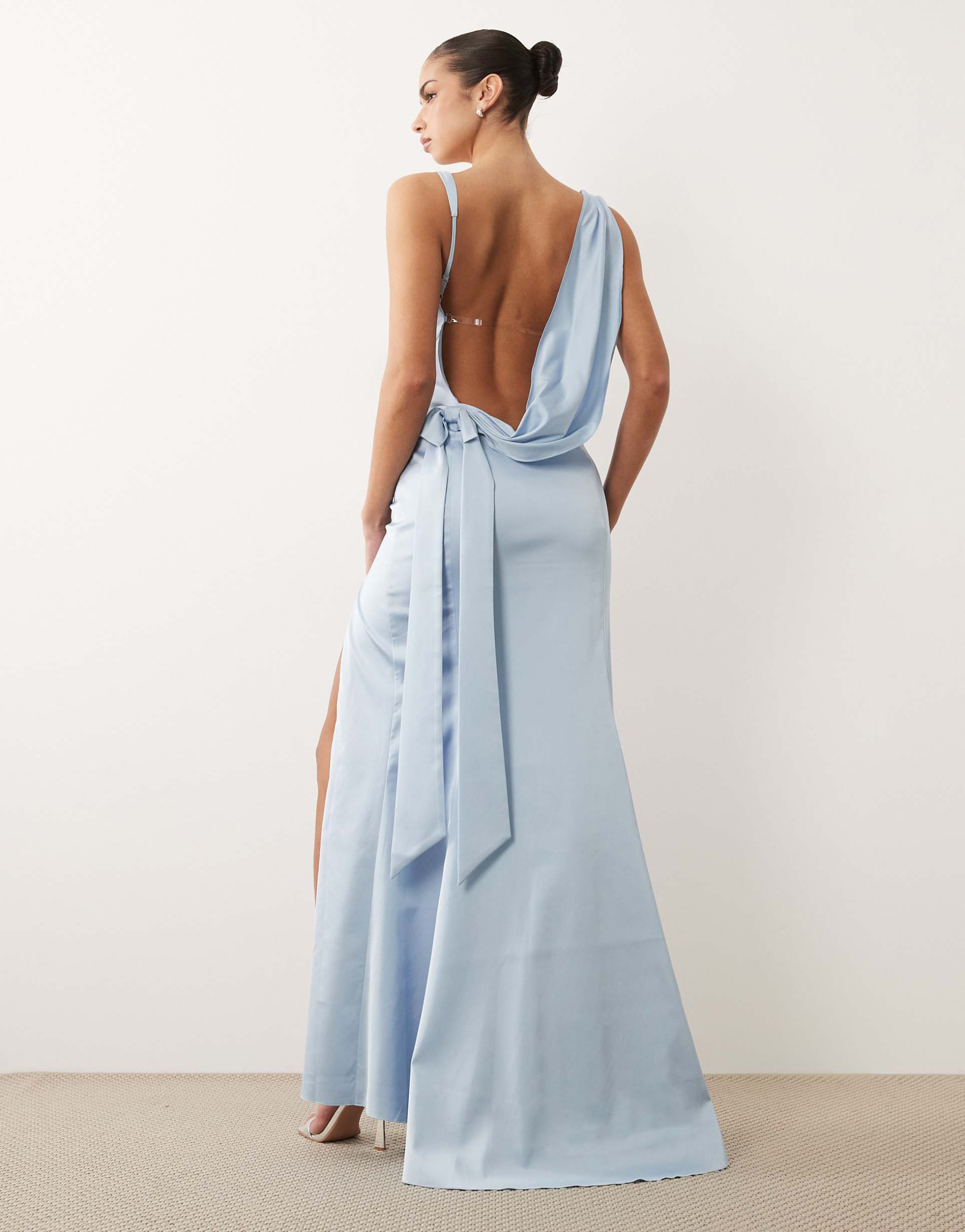 oh polly draped open cowl back detail thigh slit satin maxi dress in powder blue