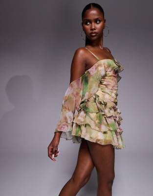 Oh Polly - Drapiertes Minikleid mit Rüschen und Blumenprint-Bunt