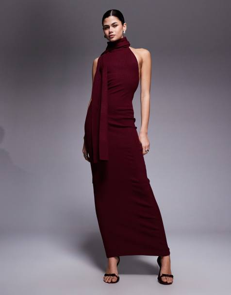 Oh Polly Dree rib knit scarf detail halterneck maxi dress in wine