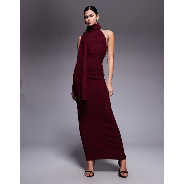 Rib-Knit Scarf-Detail Halterneck Maxi Dress in Wine - XS