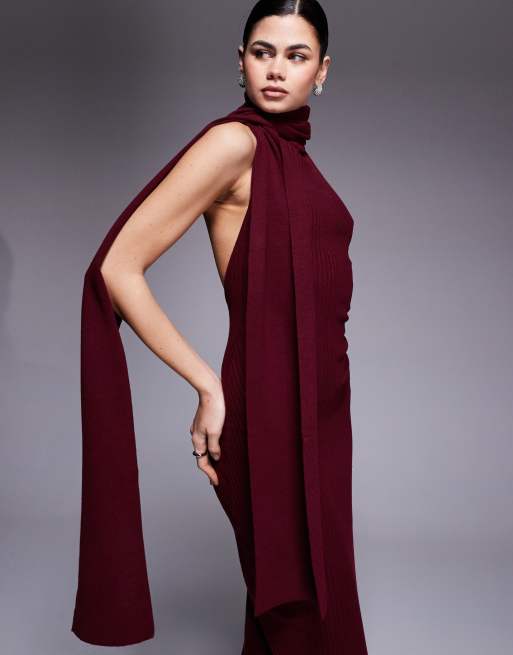 Oh Polly Dree ribbed knit scarf detail halter neck maxi dress in wine | ASOS