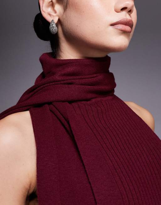 Oh Polly Dree ribbed knit scarf detail halter neck maxi dress in wine | ASOS