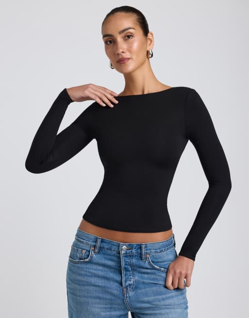 Oh Polly Elli low back long sleeve top in black
