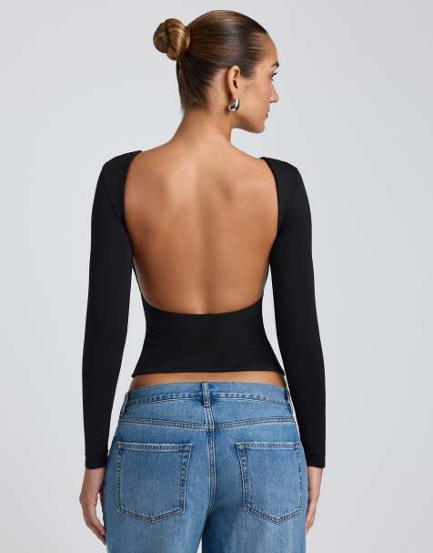 Oh Polly Elli low back longsleeve top in black - view 1