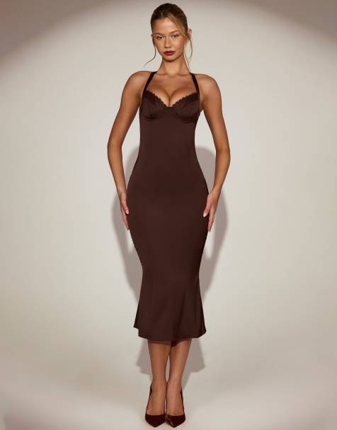 Oh Polly Elyra satin lace trim halter neck fishtail midaxi dress in chocolate brown - view 1