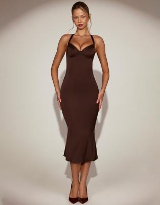 Oh Polly Elyra Satin Lace Trim Halterneck Fishtail Midaxi Dress In Brown