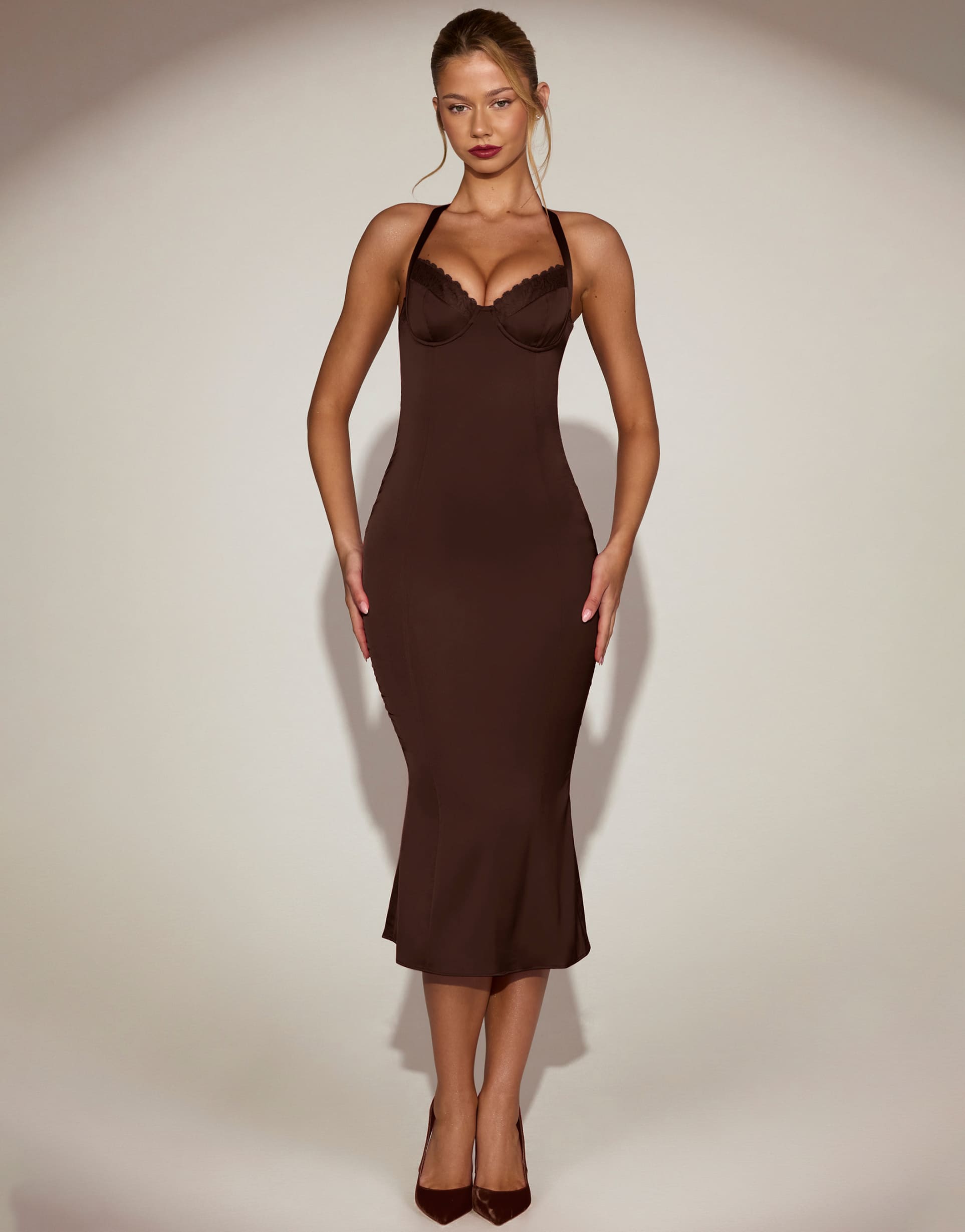 oh polly elyra satin lace trim halterneck fishtail midaxi dress in chocolate brown
