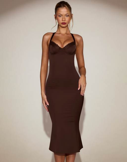 Oh Polly Elyra Satin Lace Trim Halterneck Fishtail Midaxi Dress in Chocolate Brown
