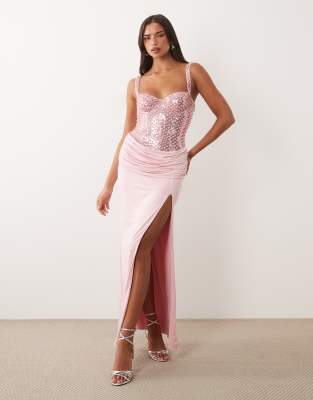 Oh Polly Embellished Corset Draped Detail Maxi Dress In Multi