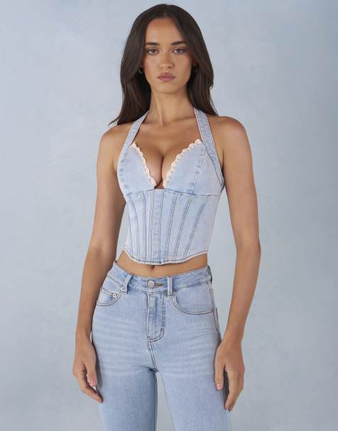 Oh Polly embellished corset top in stone wash denim - view 1