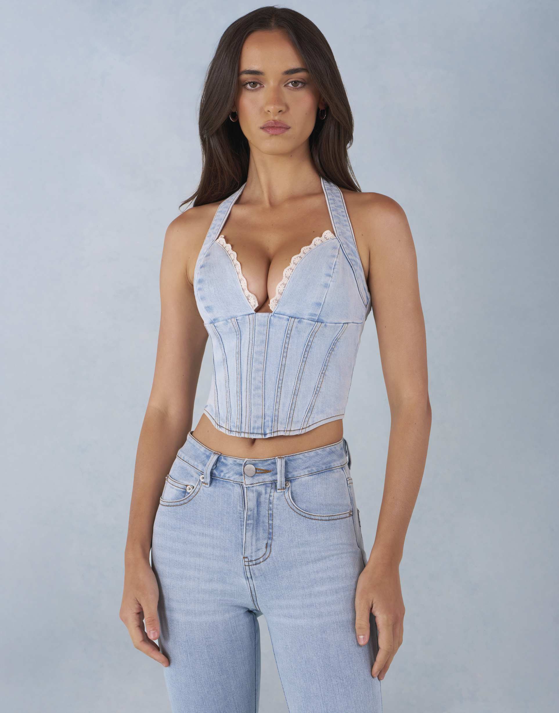 oh polly embellished corset top in stone wash denim