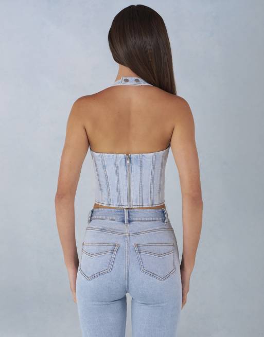 Oh Polly embellished corset top in stone wash denim, 3 of 4