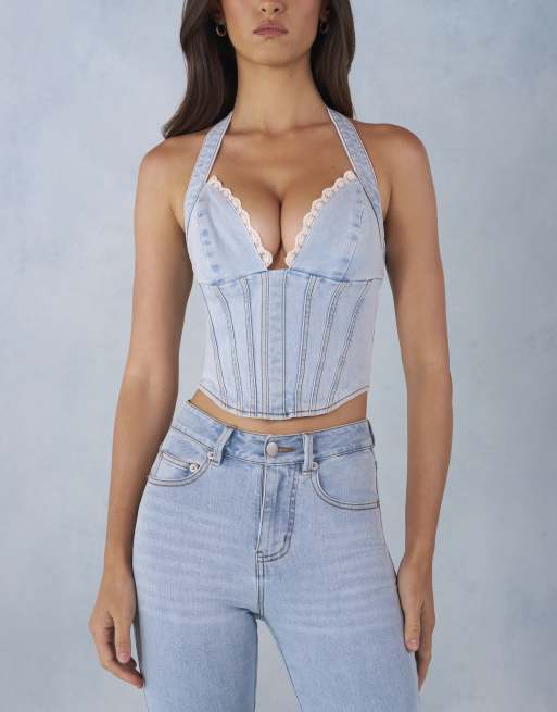 Oh Polly embellished corset top in stone wash denim, 4 of 4