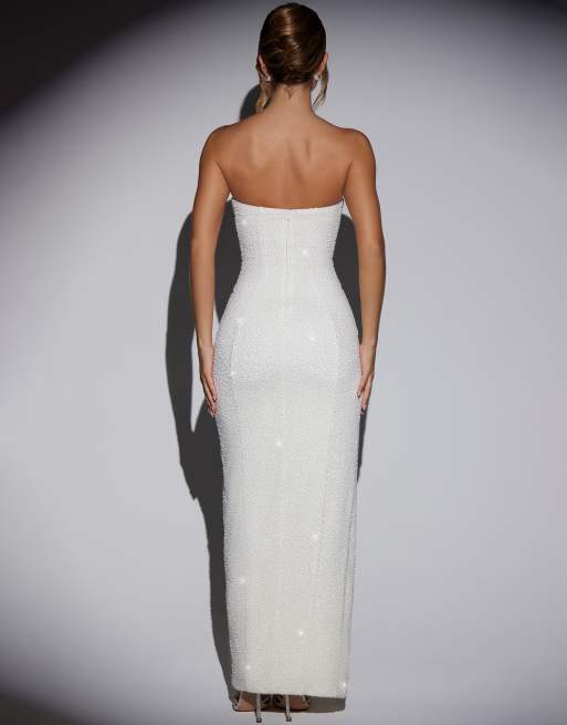 embellished cowl neck maxi dress in ivory Oh Polly embellished cowl neck thigh high split bandeau maxi dress in ivory