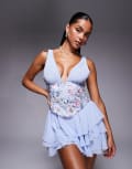 [Oh Polly] Oh Polly embellished floral corset waist mini dress in blue-Black 8 Blue