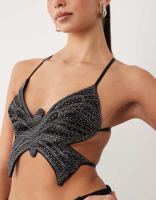 Oh Polly embellished halter neck cut out tie back top in black, 3 of 4