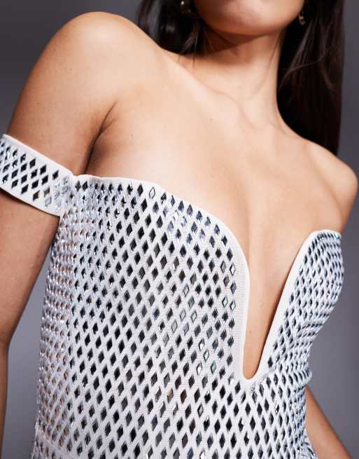 embellished cold shoulder cut out mini dress in white Halterneck Cold Shoulder Extreme Cut Out Frilly Mini Dress In White | EGO  US