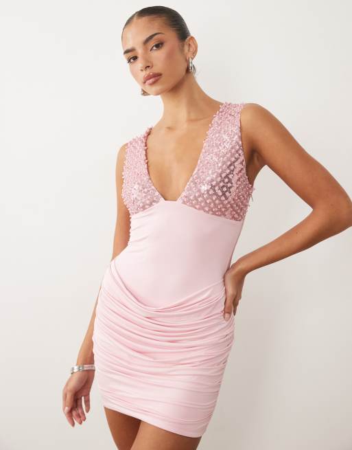 Oh Polly embellished plunging drape skirt backless mini dress in pink, 2 of 4