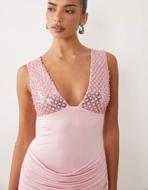 Oh Polly embellished plunging drape skirt backless mini dress in pink, 3 of 4