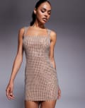 [Oh Polly] Oh Polly embellished square neck mini dress in beige diamante-Neutral 8 BEIGE
