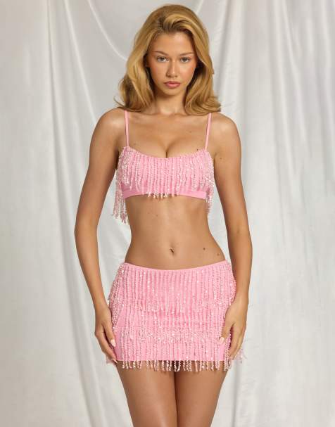 Oh Polly embellished tiered mini skirt co-ord in pink - view 1