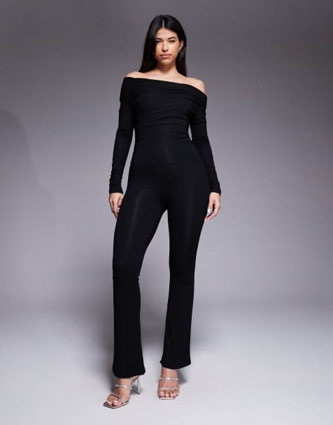 Oh Polly Erisen stretch jersey off shoulder straight leg jumpsuit in black - view 1