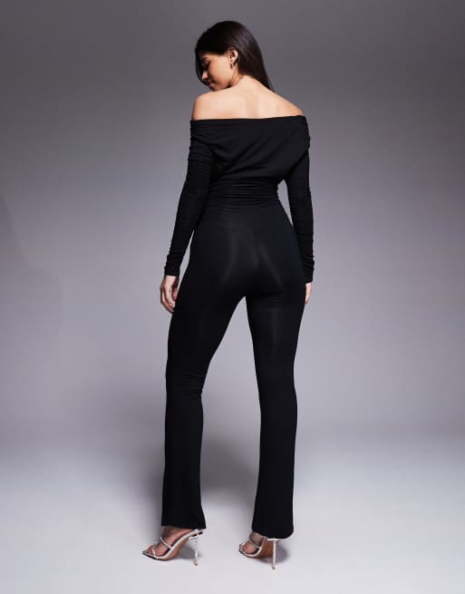 Oh Polly Erisen stretch jersey off shoulder straight leg jumpsuit in black, 3 of 4