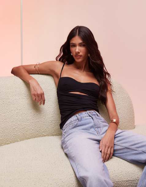 Oh Polly Esme modal ruched layered tank top in black - view 1