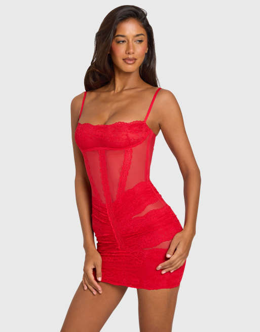 Oh Polly Evadne robe courte en dentelle avec bonnets, rouge cerise, 4 de 4