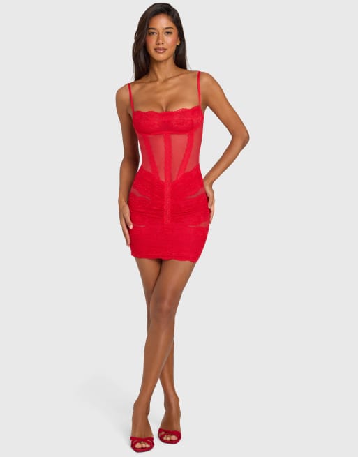 Oh Polly evadne vestito mini in pizzo con coppe, rosso ciliegia, 2 di 4