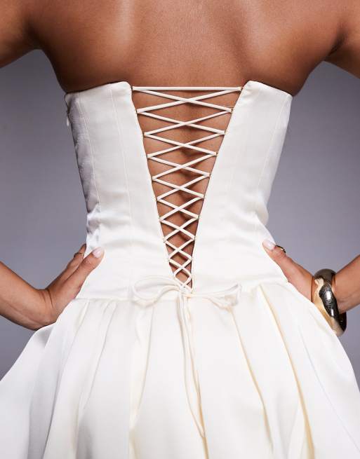 Oh Polly Fabiola puff hem strapless mini dress in ivory | ASOS