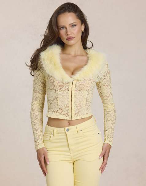 Oh Polly faux fur collar lace cardigan in butter yellow