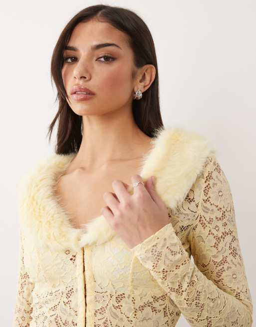 【0113-3】MissAdora ファーニットアンサンブル Oh Polly faux fur collar lace cardigan in butter yellow | ASOS