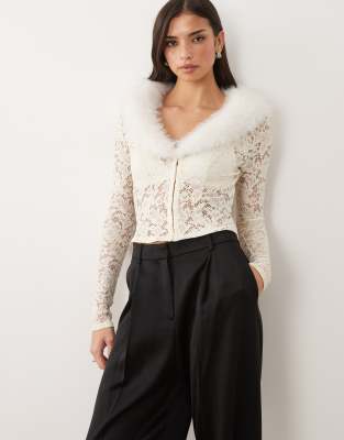 Oh Polly Faux Fur Collar Lace Cardigan In White