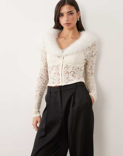 Oh Polly faux fur collar lace cardigan in ivory - view 1