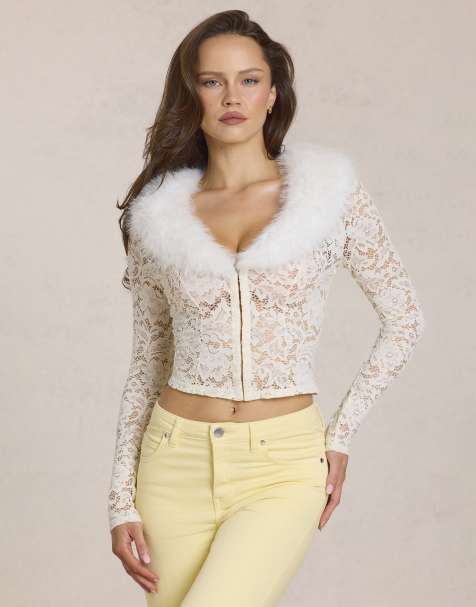 Oh Polly faux fur collar lace cardigan in ivory