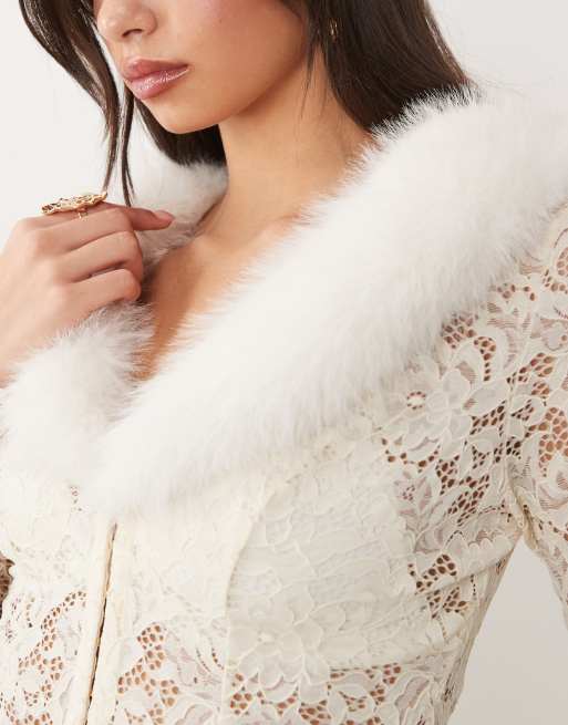 Oh Polly faux fur collar lace cardigan in ivory | ASOS