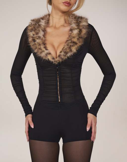 Oh Polly faux fur collar mesh playsuit in black, 3 of 4