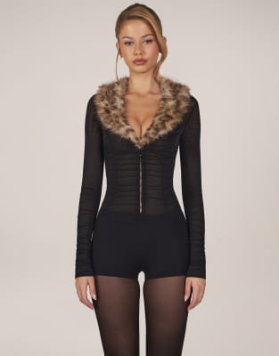 Oh Polly faux fur collar mesh romper in black | ASOS