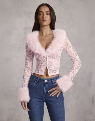 Oh Polly Faux Fur Trim Long Sleeve Cardigan In Pink
