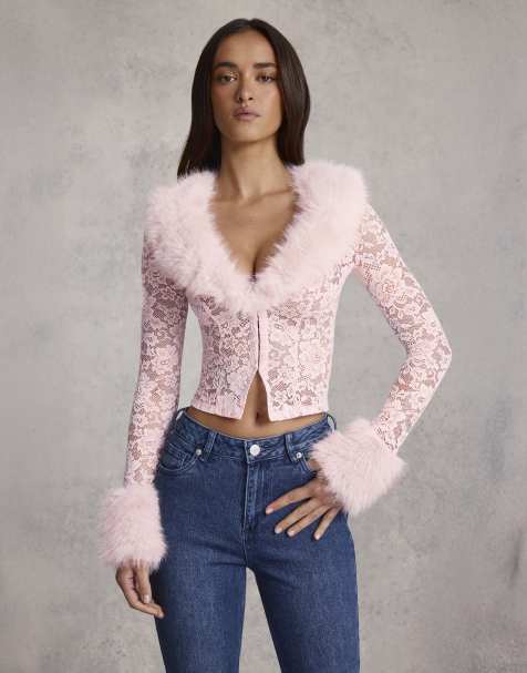 Oh Polly faux fur trim long sleeve cardigan in pink - view 1
