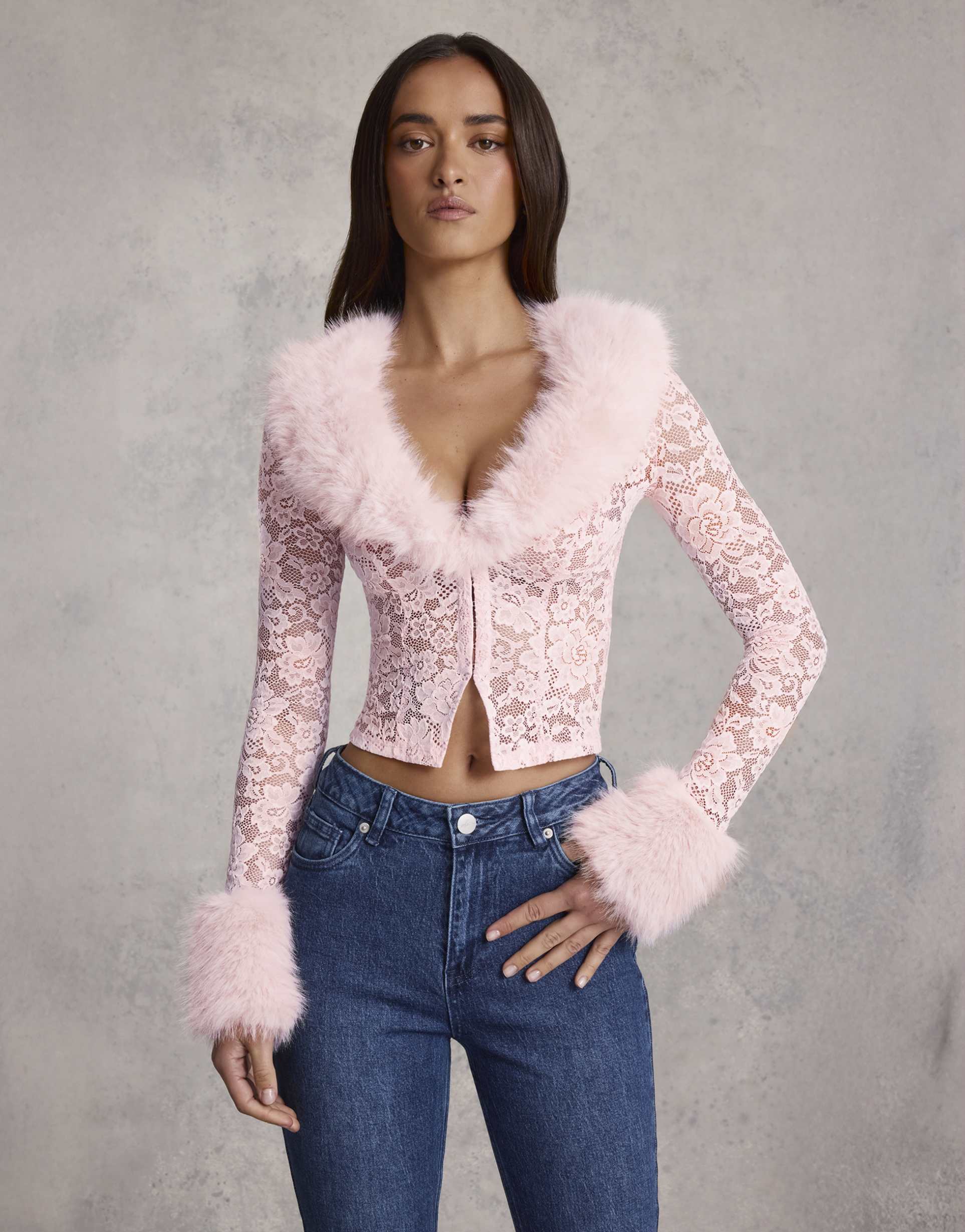 oh polly faux fur trim long sleeve cardigan in pink