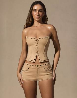Oh Polly Faux Suede Removable Strap Studded Corset Top In Brown